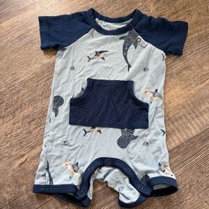 Kyte Baby Boy Shark Print Shortie Romper 0-3 Months Bamboo Blue Summer Ocean